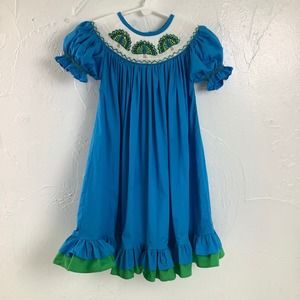 Ruah Shalom Designs Hand Smocked Peacock Dress girl SZ 2T EUC